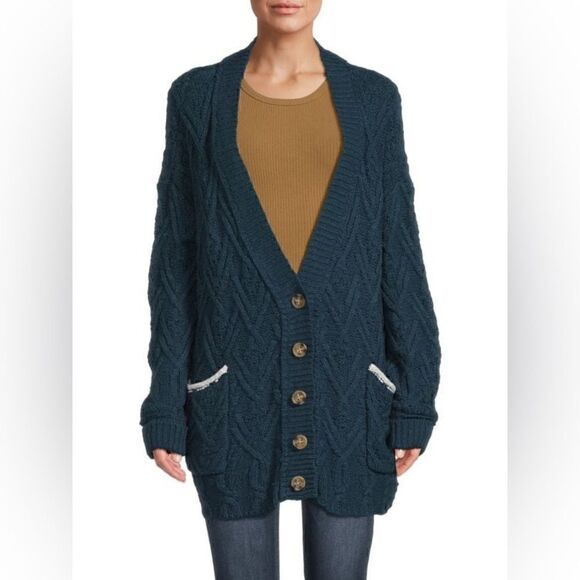 NWT- Free People Montana Cable Cardigan Sweater in Varsity Navy, Size M - Picture 3 of 7